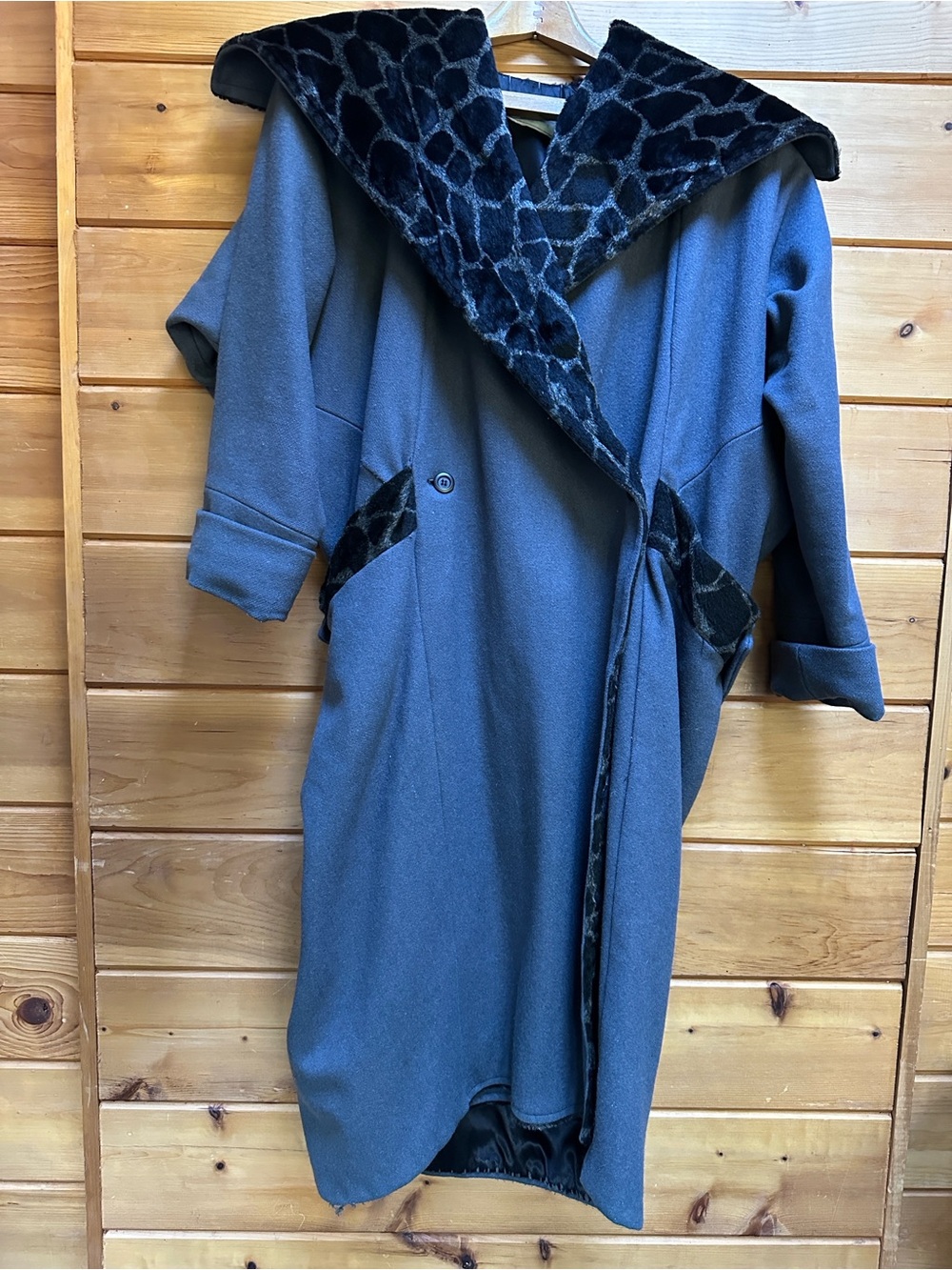 Vintage Jim Pope Faux Giraffe Print Fur Collar Wool Maxi Black Gray Coat XL